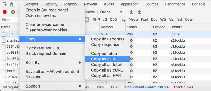 copy curl from chrome devtools